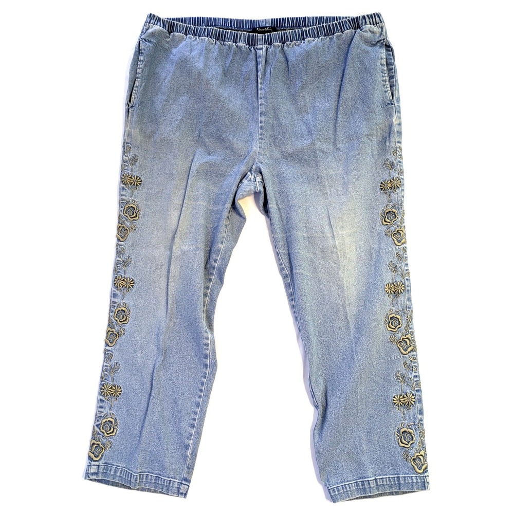 Denim & Co Womens 2X Blue Floral Embroidered Elastic Waist Pull On Jeans Pants